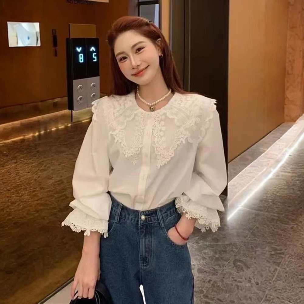 蕾丝花边法式白色长袖衬衫女2025早秋新款洋气独特超好看小衫上衣