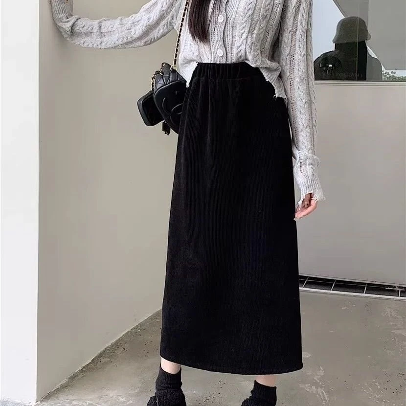 秋款高腰显瘦丝绒半身裙后开叉