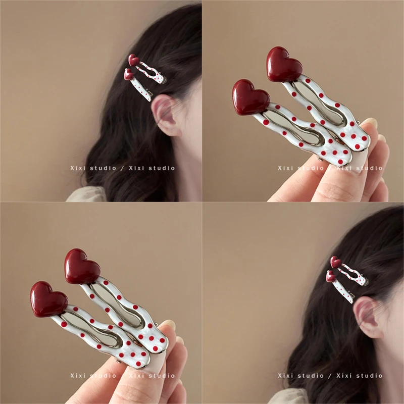 摩登时代！安克拉红爱心波点发夹可爱甜美碎发夹少女心边夹盘发器~