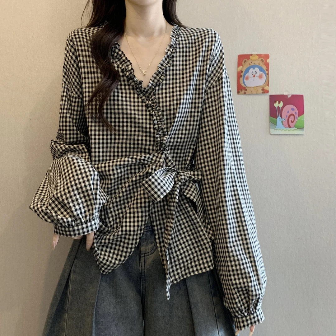 法式设计感小众绑带长袖衬衫女秋季不规则胖mm大码遮肚木耳边上衣