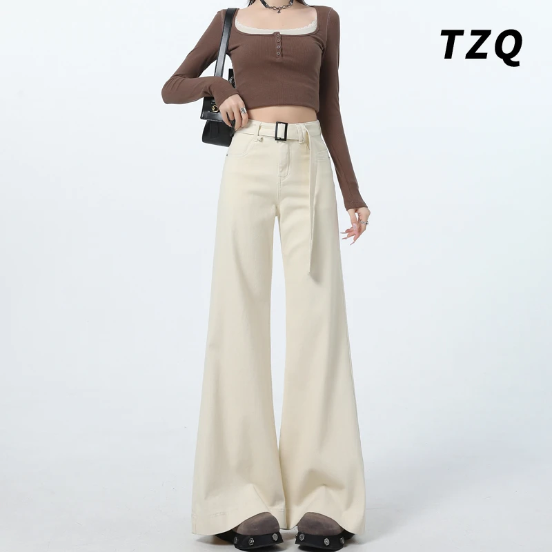 米白色大喇叭阔腿牛仔裤女2025年春季新款宽松显瘦拖地不贴腿裤子