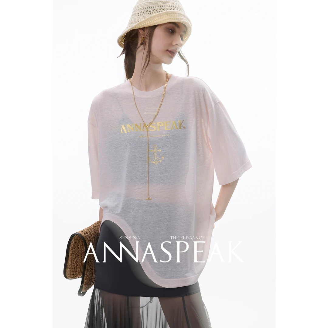 ANNASPEAK慵蓝航海 凉感欧洲亚麻烫金宽松纯色纸片人T恤夏季新款
