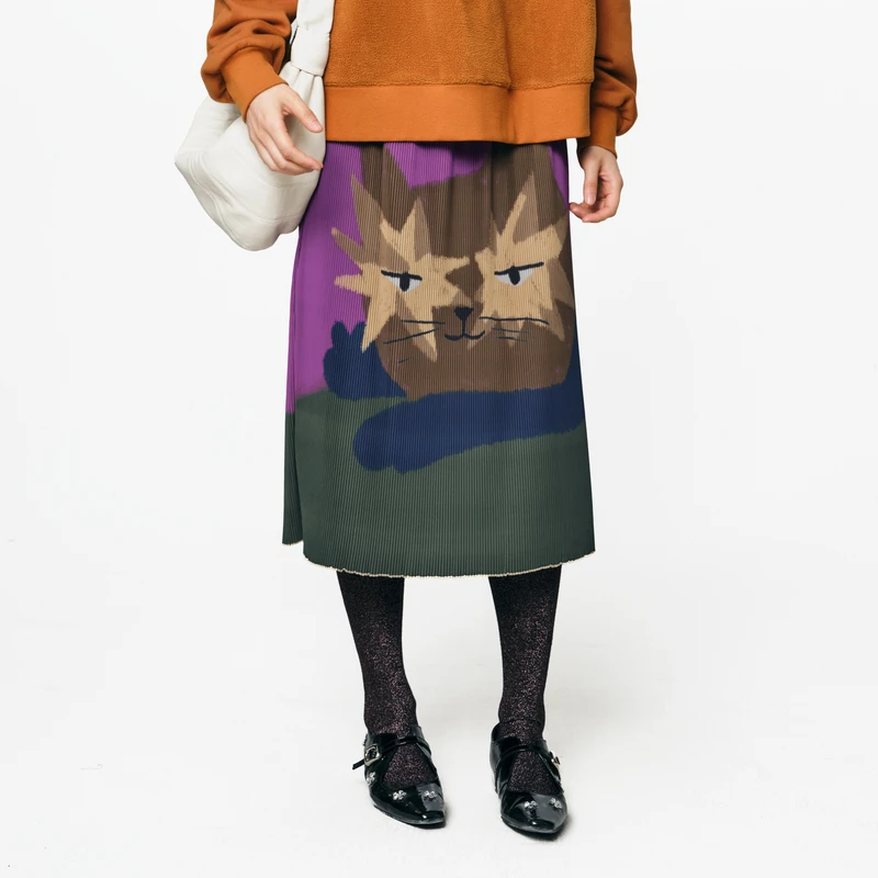 MOVEUP幻走2025秋季新款.FUN 字母松紧腰猫咪印花半身裙3EWQ20602