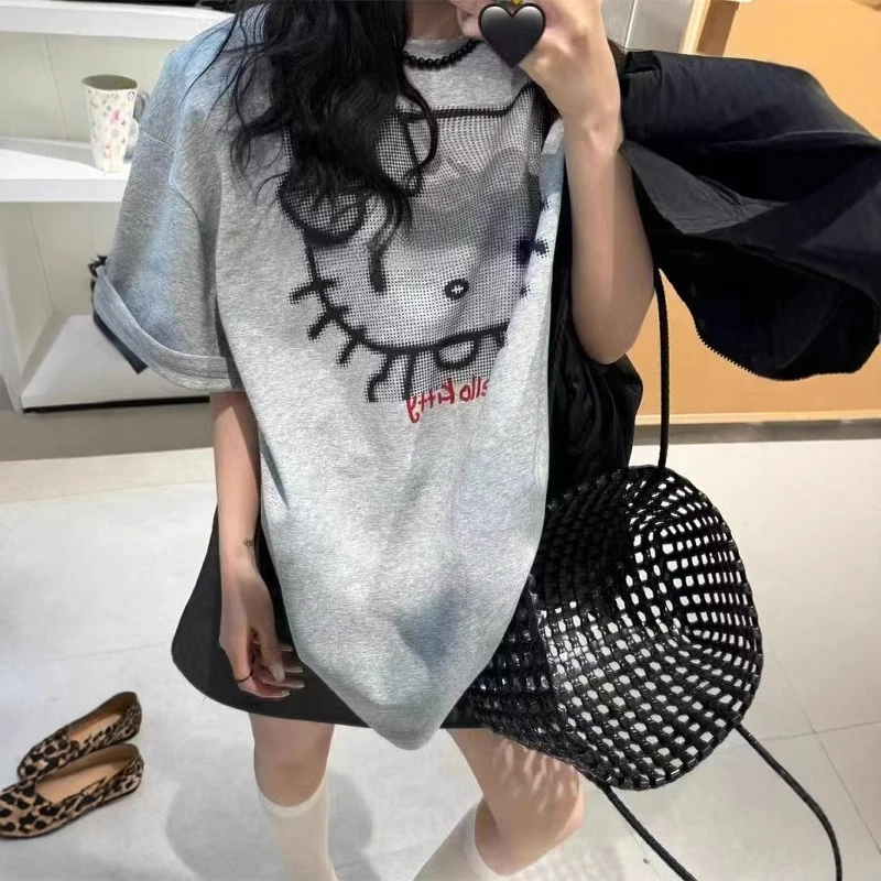 新款慵懒风短袖T恤女夏宽松版型猫咪印花潮酷圆领上衣