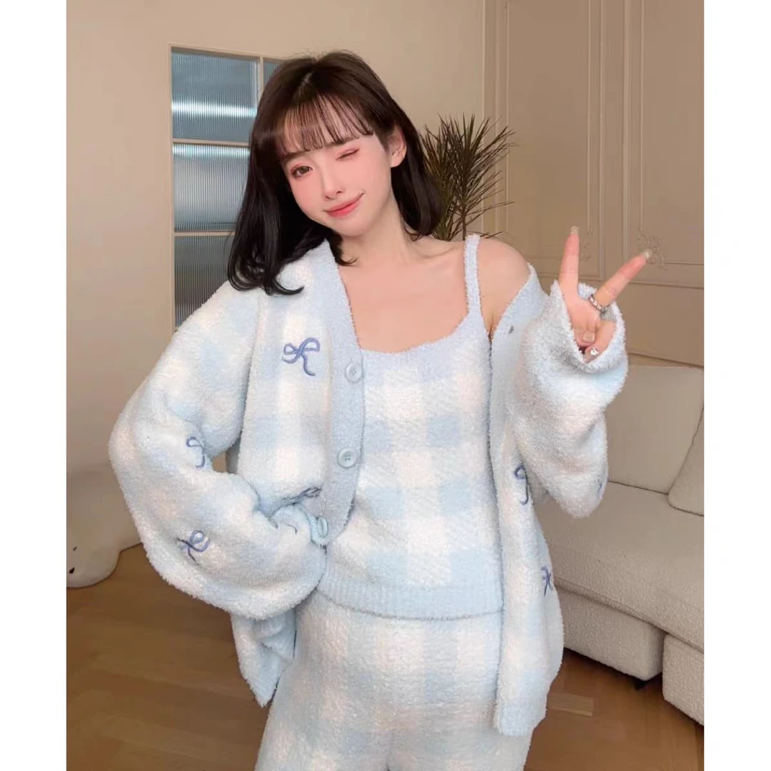 2025春季气质时尚韩版新款三件套半边绒加厚软糯针织开衫慵懒风