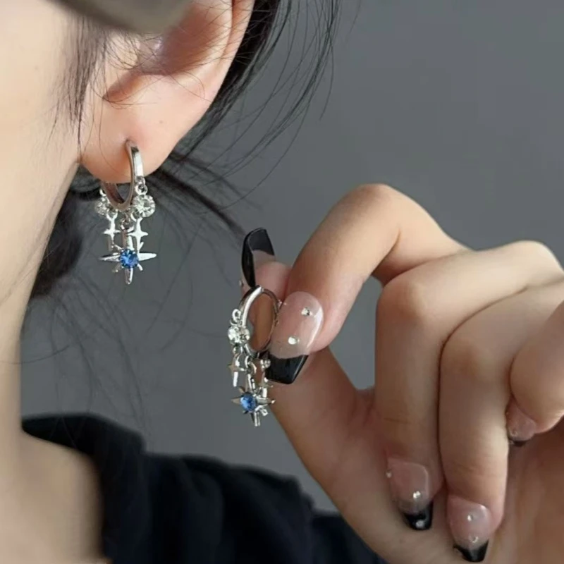蓝色星星耳坠女高级感耳圈设计感耳钉耳环八芒星质感吊坠耳饰5243