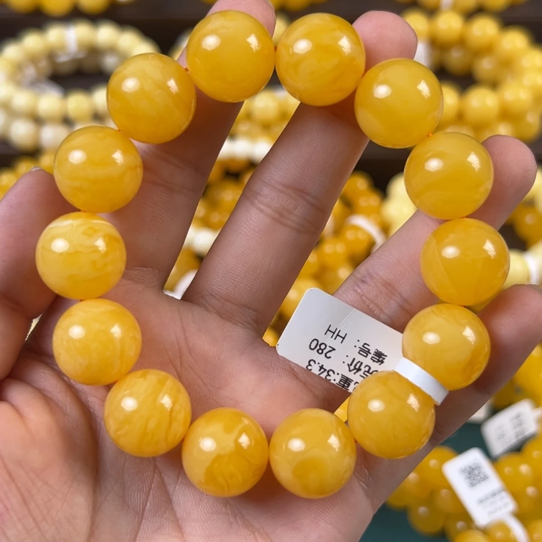 琥珀未镶嵌手链34.3g焦皮同料圆珠16mm hh