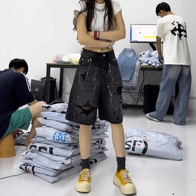 破洞牛仔裤短裤女2025夏季新款大码胖mm宽松显瘦百搭五分阔腿裤