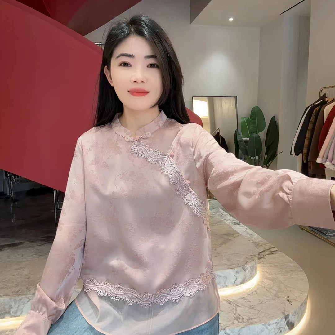 QC 252610 新中式国风盘扣斜襟提花下摆拼接长袖衬衫