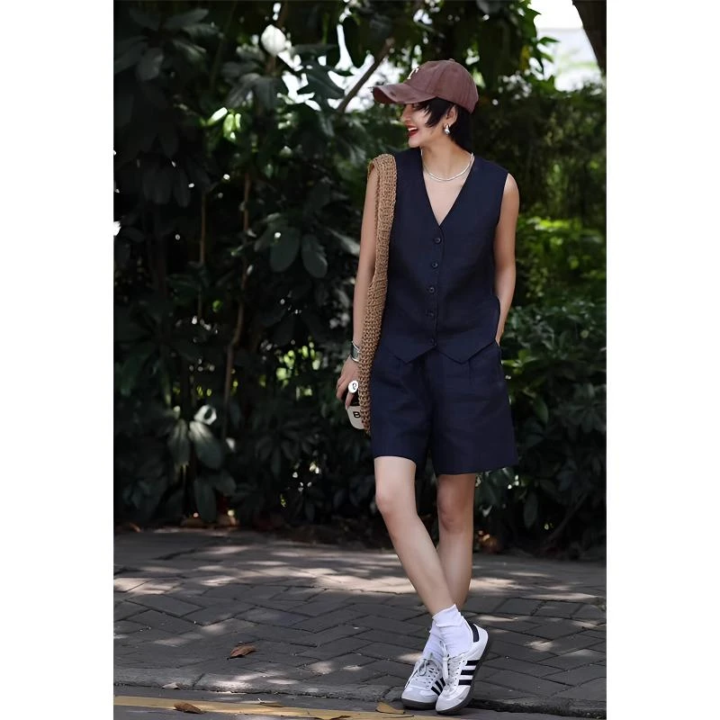 老钱风牛仔亚麻套装女夏高端极简复古干练气质无袖马甲短裤两件套