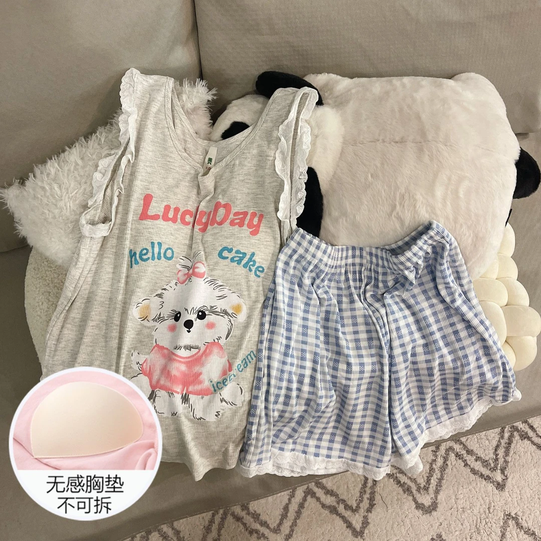 大码睡衣女士夏季2025新款设计感带胸垫背心凉感小萌狗套装家居服