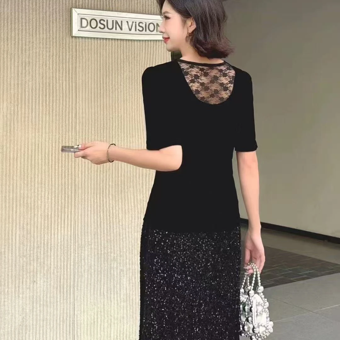 miu系修身型短袖性感秋季T恤打底黑色丝绒常规款包臀优雅常规