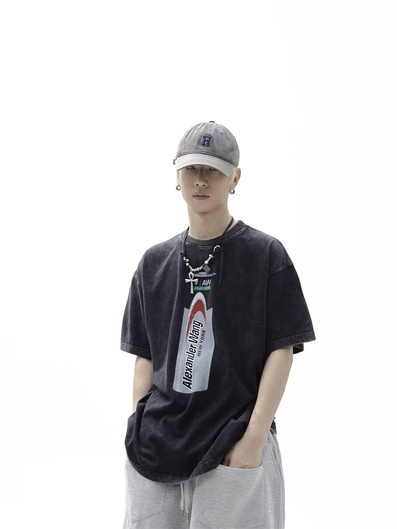 ASHDARK*25SSAW大王重磅水洗做旧电池印花烫钻男女同款短袖T恤