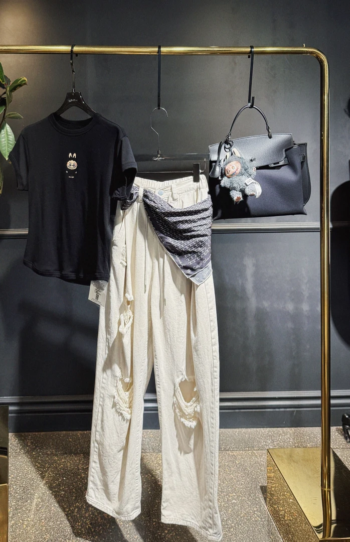 破洞夏季丹宁风长裤镂空休闲裤宽松印花tenniscore