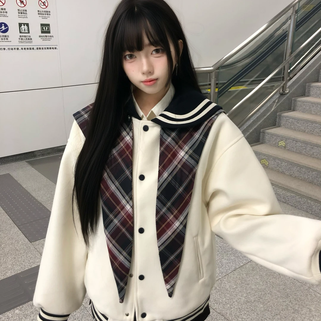 东京岁时记jk米白色棒球服大衣女秋冬学院风海军领小个子棉服外套