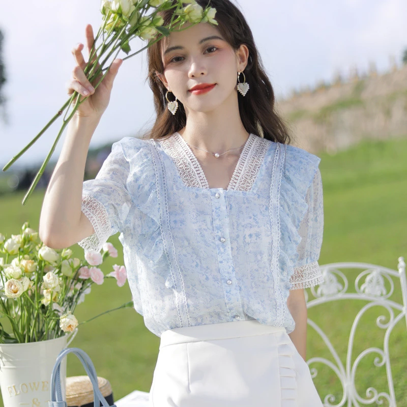 夏季新款短袖设计感法式领碎花雪纺衫女士上衣优雅气质小众洋气