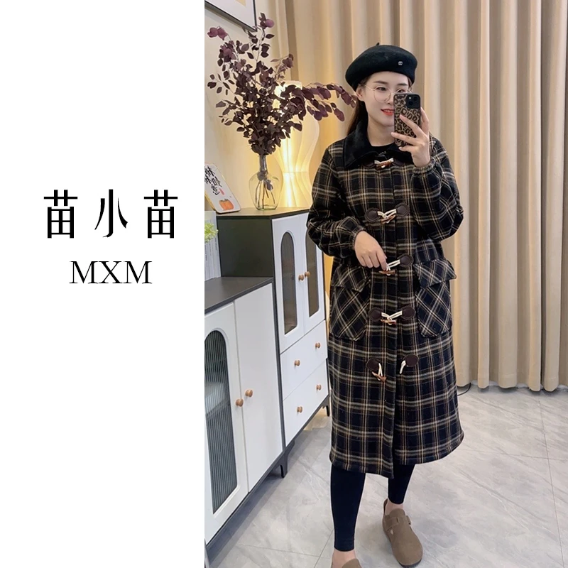 苗小苗气质格子长袍女气质冬季三层加厚加绒可外穿家居服长款裙袍