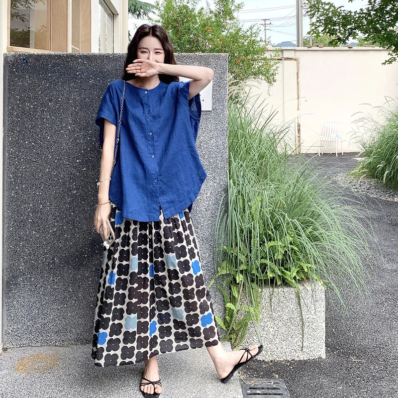 高级感气质时尚套装裙女2025年夏季宽松小衫复古印花半身裙两件套