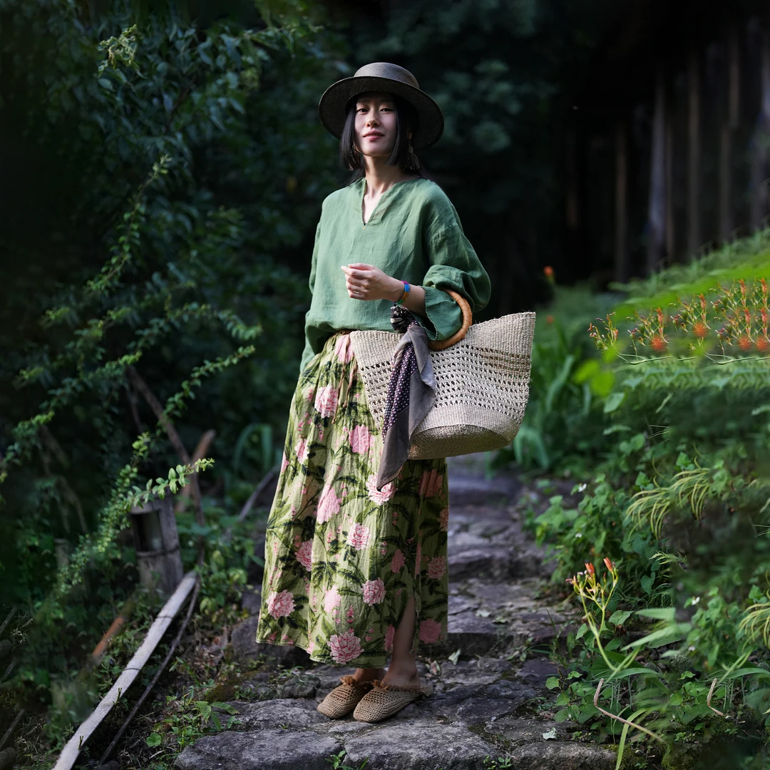 【寻苔出品】几见 KT1436 原创设计亚麻棉打底衬裙长裙印花半身裙