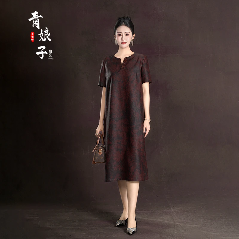 青娘子香云纱（澜初）复古扎染百搭简约短袖休闲气质连衣裙---60060