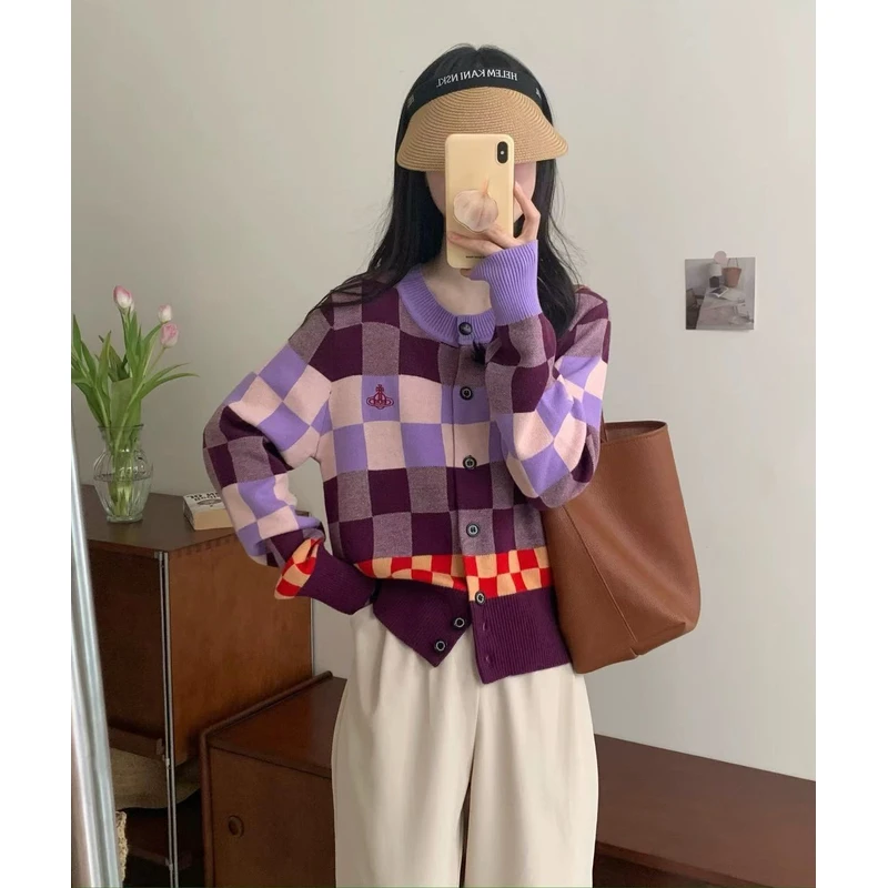 A162 紫色格仔衫[蓓儿]工厂直营设计师原创高级感秋冬针织女装上