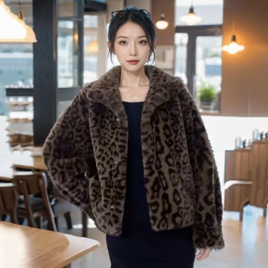 新款网红小立领豹纹毛毛衣服