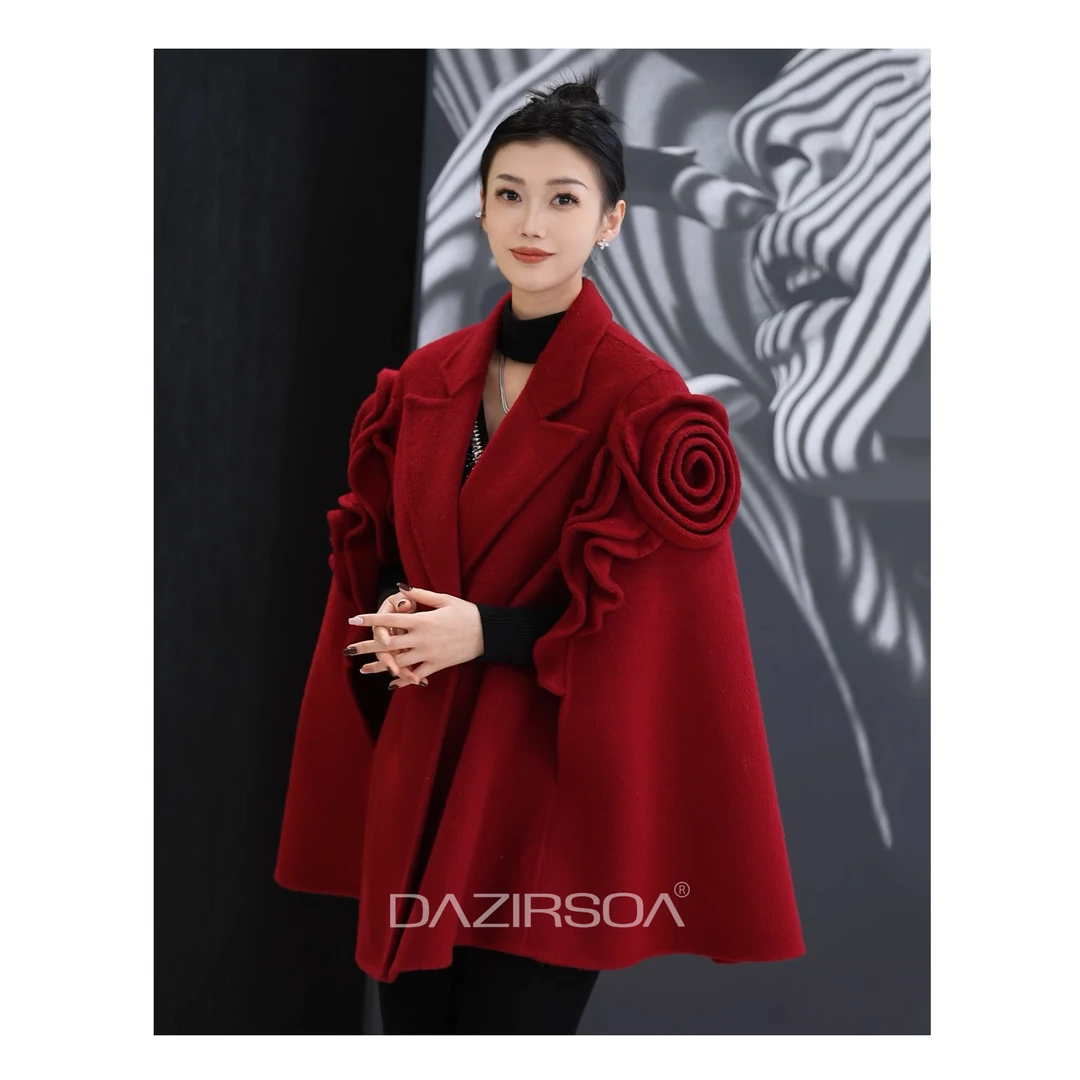 “汇集意想”时尚拼接立体玫瑰花斗篷大衣外套 W162