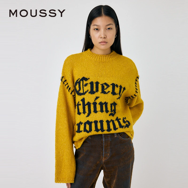 MOUSSY 夏季新品美式复古慵懒感撞色标语毛衣010HAQ70-4841