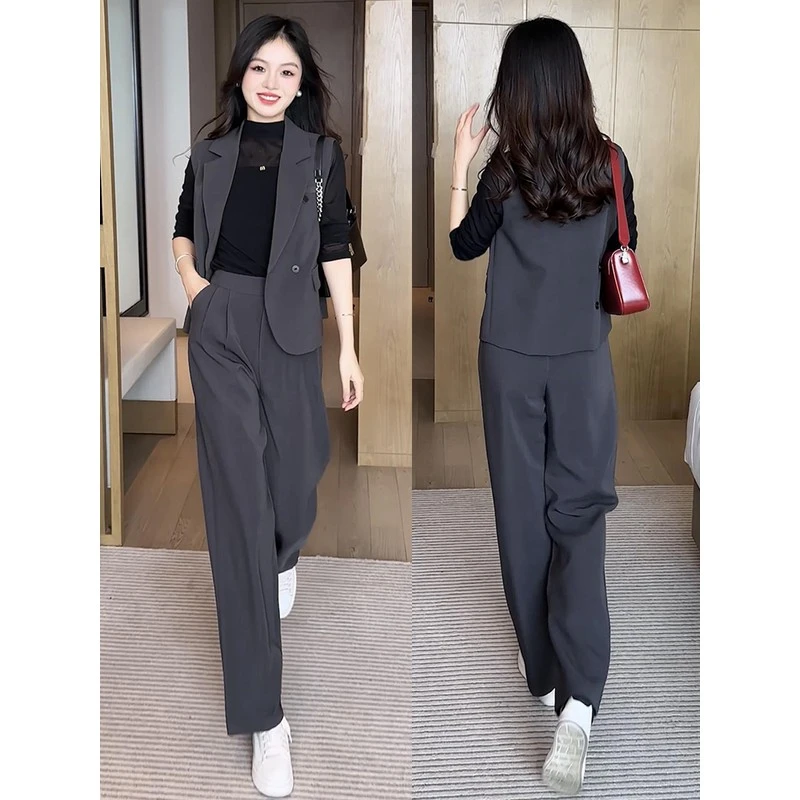 TOUCHMISS高级感时尚职业套装女秋季新款马甲打底衫直筒裤三件套