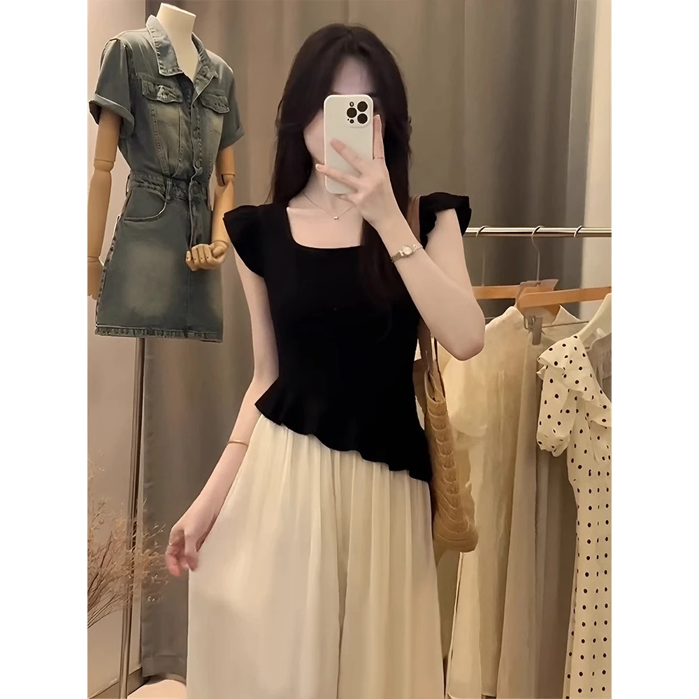 法式黑色短袖无袖T恤女装2025夏季设计感小众修身显瘦木耳边上衣
