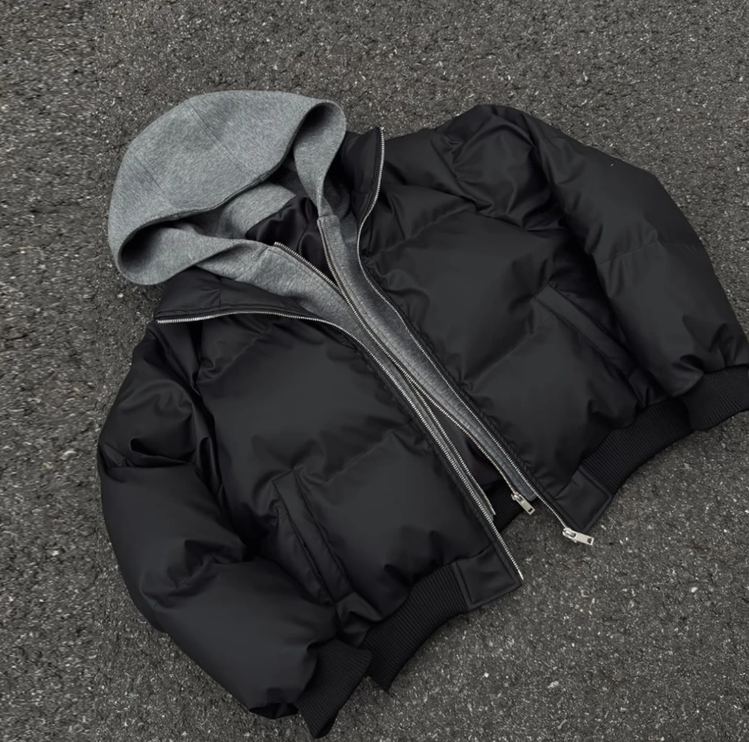 HN潮牌-【假两件】冬季连帽PU皮双拉链加厚棉服男宽松保暖百搭棉衣
