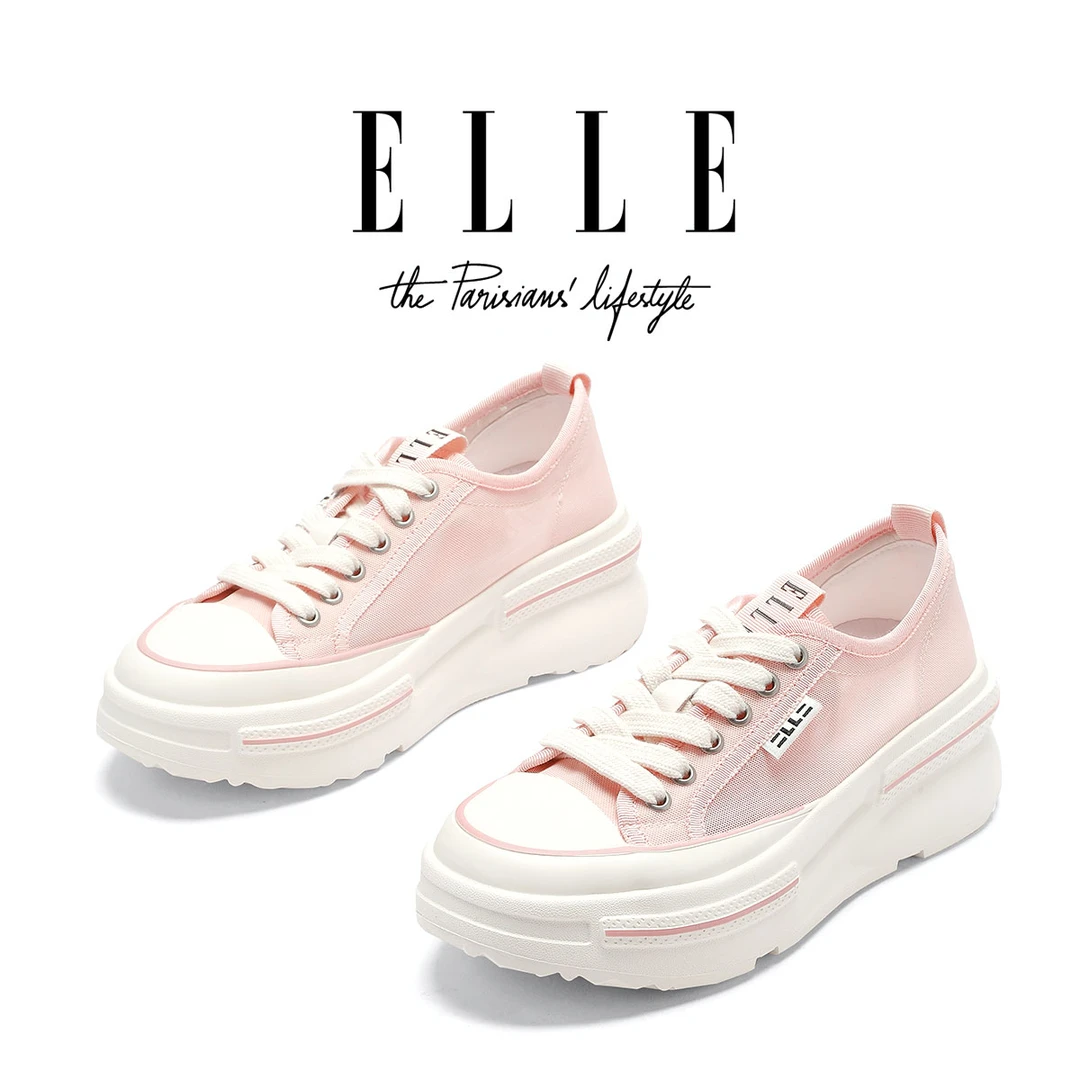 ELLE官方正品帆布鞋女百搭配裙子厚底小白鞋时尚网面透气休闲板鞋