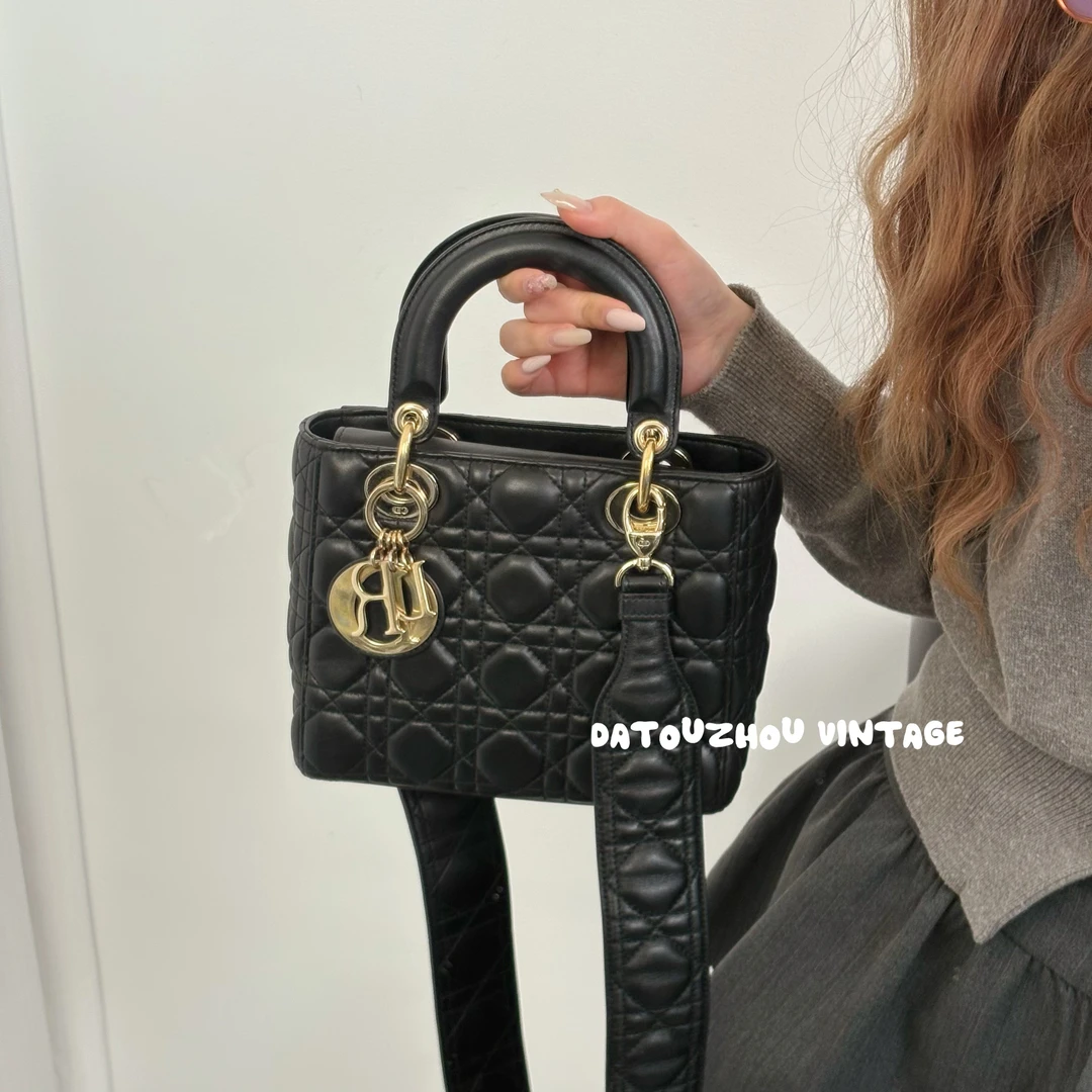 95新 DIOR/迪奥 黑金四格戴妃手提斜挎包cysp