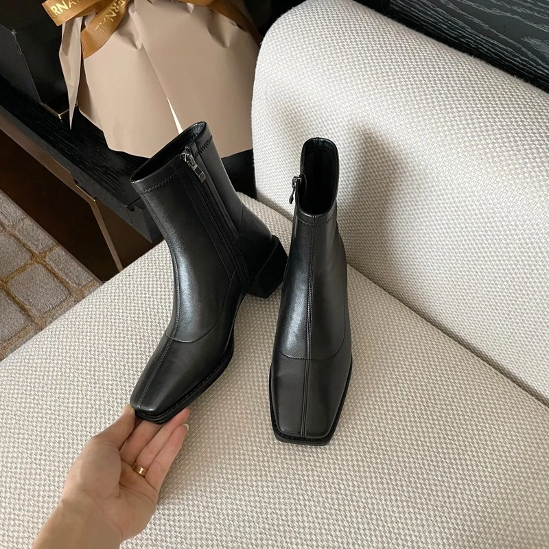 Superqueen2024秋冬气质~方头瘦瘦靴 粗跟弹力靴后拉链棕色短靴