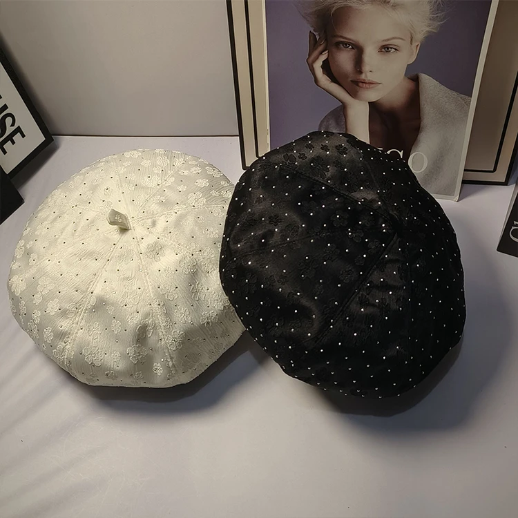 春夏新款韩系重工烫钻梅花刺绣贝雷帽子女时尚气质显脸画家南瓜帽