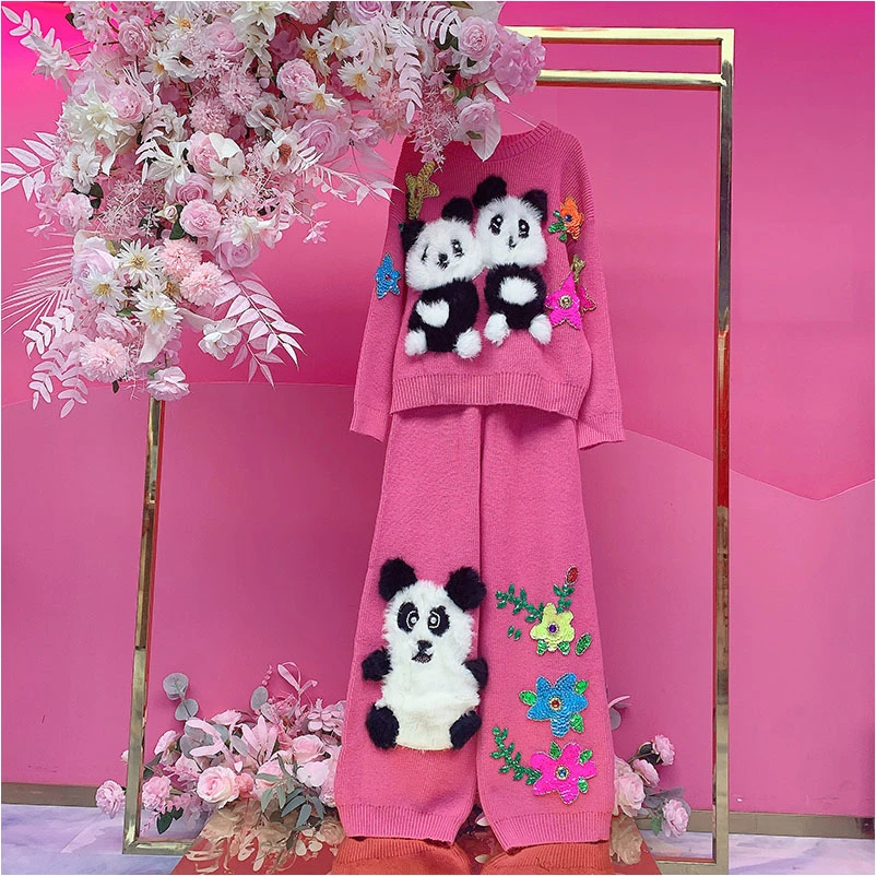 QD1683欧美设计师2025冬季新款钉珠刺绣亮片花拼兔毛卡通毛衣套装