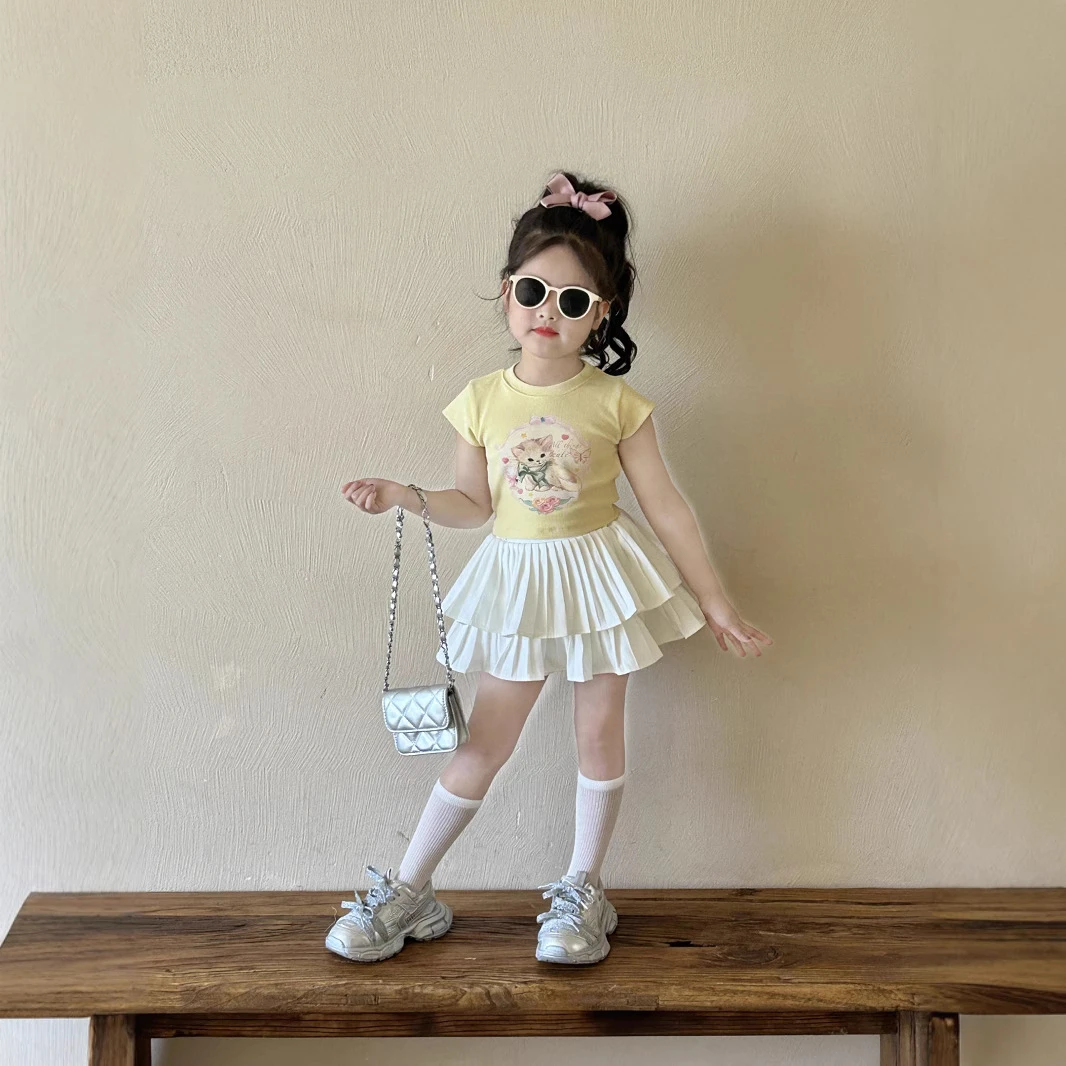 女童洋气上衣2025夏季新款童装儿童韩版针织飞袖T恤白色百褶裙