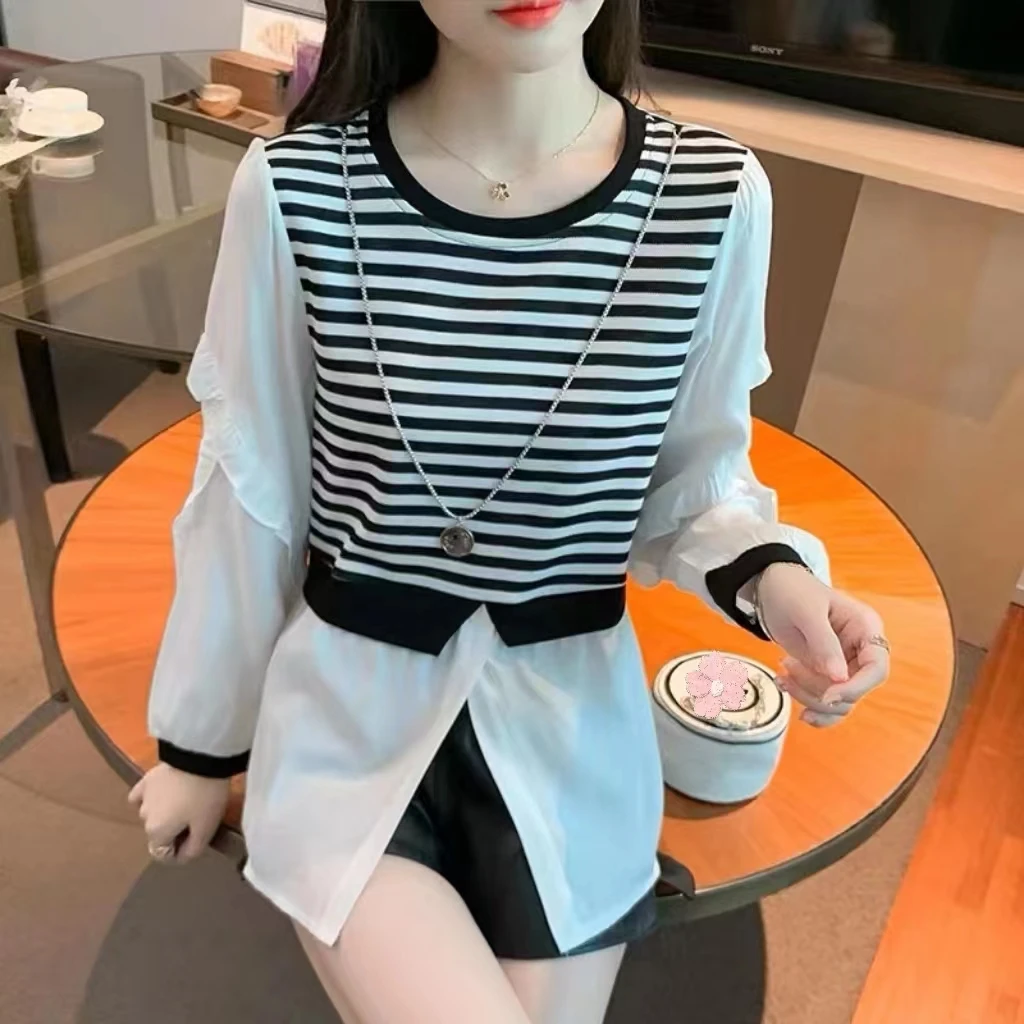 (100-199)假两件拼接衬衫女长袖时尚减龄气质打底衫外穿上衣