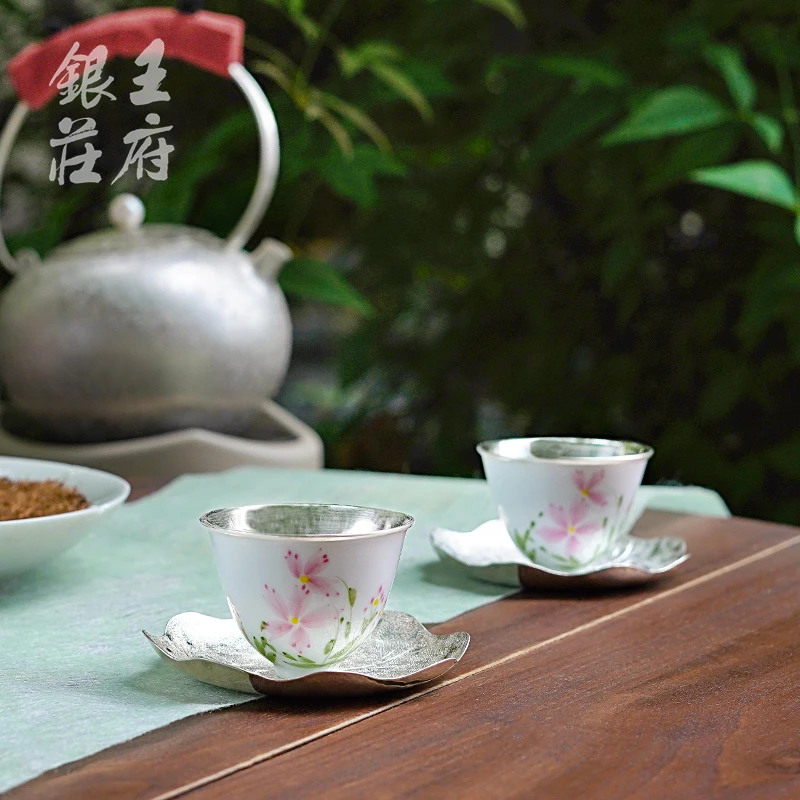足银999纯手工包银杯小清新手绘品茗杯精致家用茶杯茶具茶器 香草