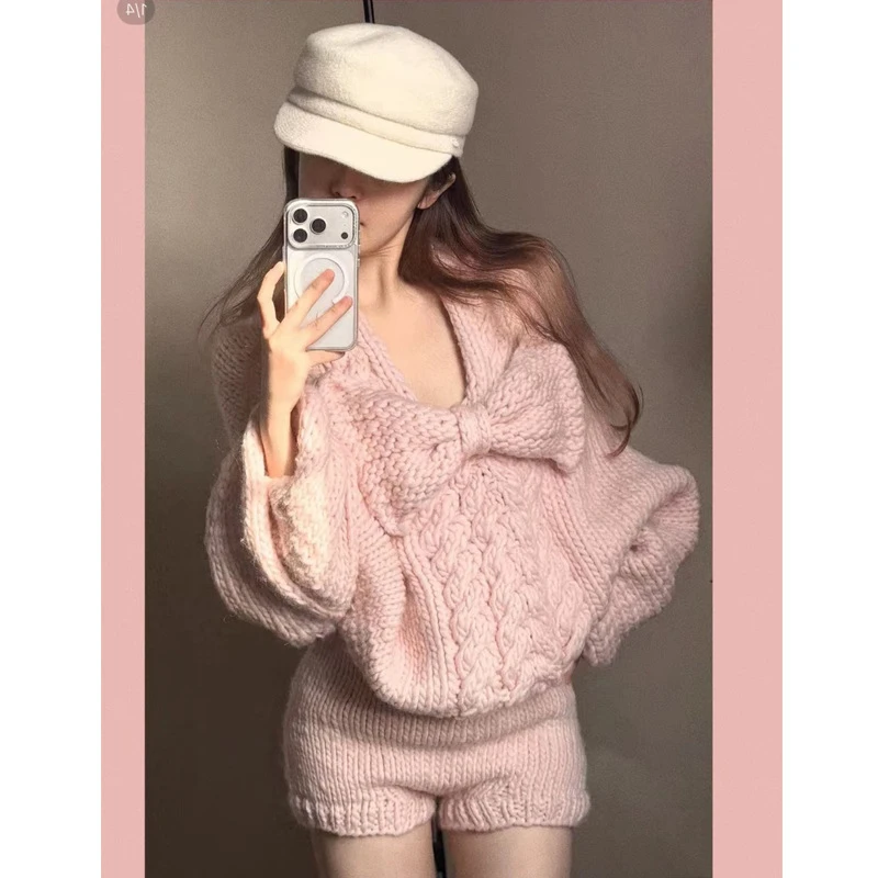 2025秋季新款韩版毛针织衫蝴蝶结甜美公主风长袖毛衣高腰短裤套装