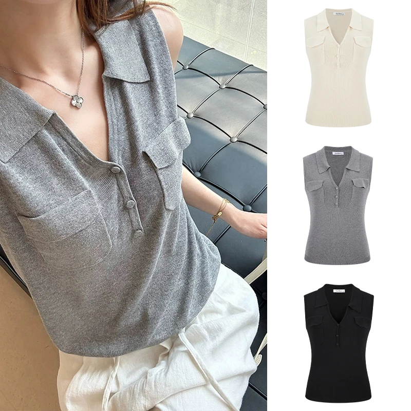 Moses Queen/魔西女王拼接V领无袖设计感针织衫翻领通勤气质上衣