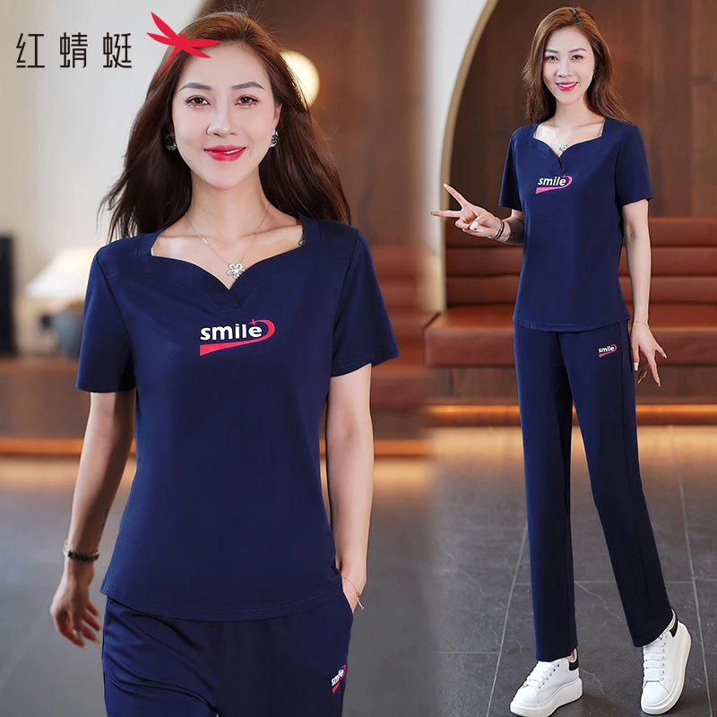 红蜻蜓夏季运动套装女2025新款妈妈短袖大码队服广场舞新款服装