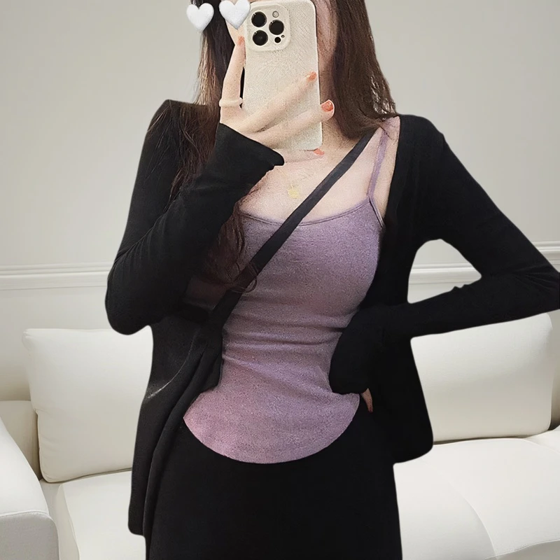 针织长袖开衫女装春夏短款外套配吊带外搭两件套薄款披肩罩衫上衣