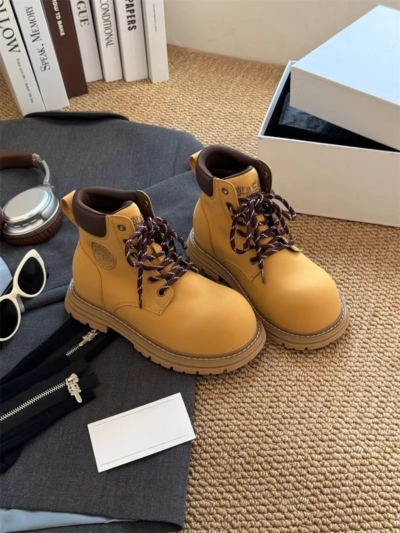 森系露营松弛感~工装马丁靴女秋冬厚底户外登山短靴大黄靴2533/A6