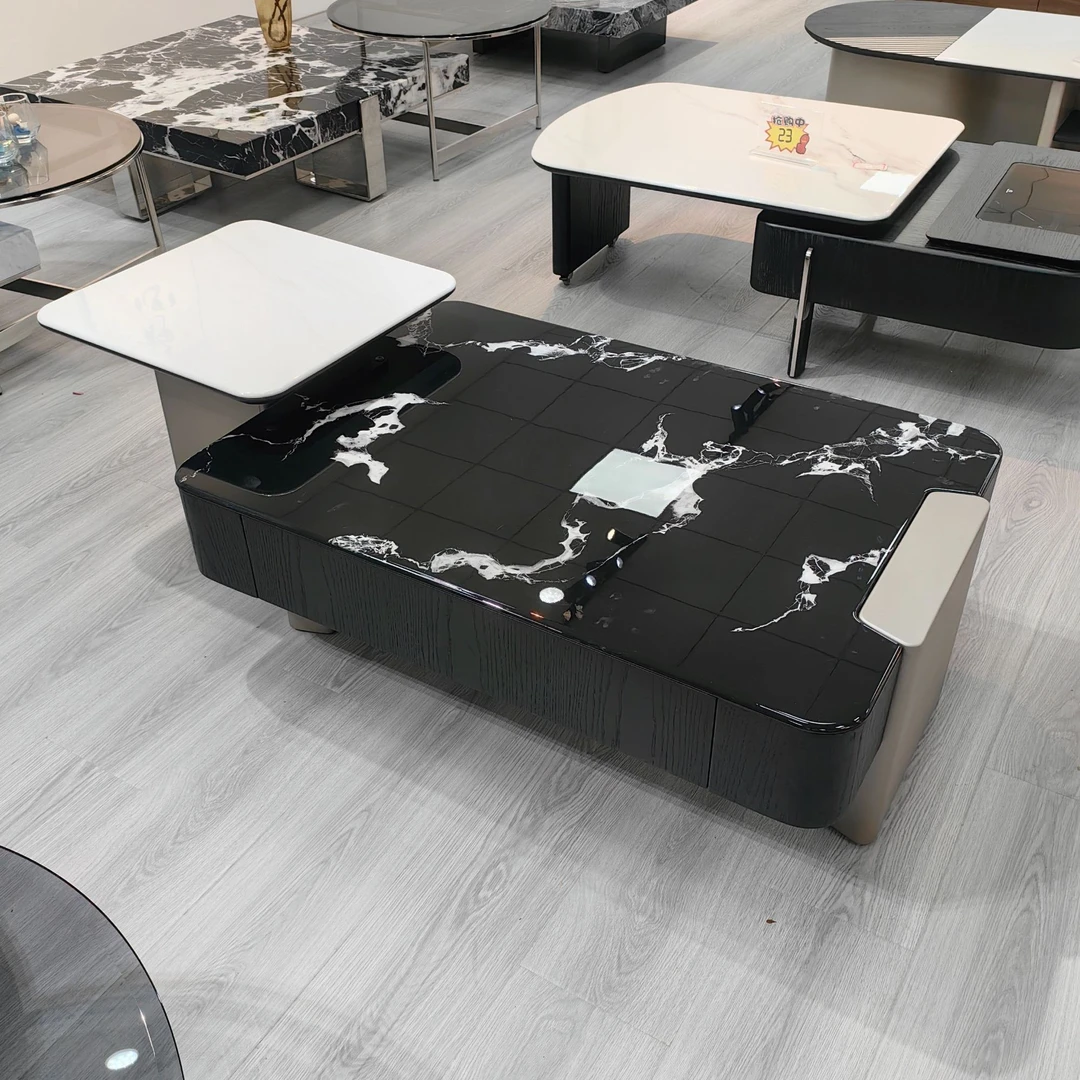 意式极简客厅茶几大小户型现代简约高级超晶石方形茶几组合设计师