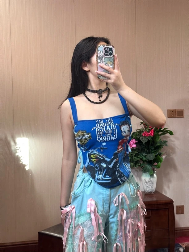 手工复古印花侧绑带吊带