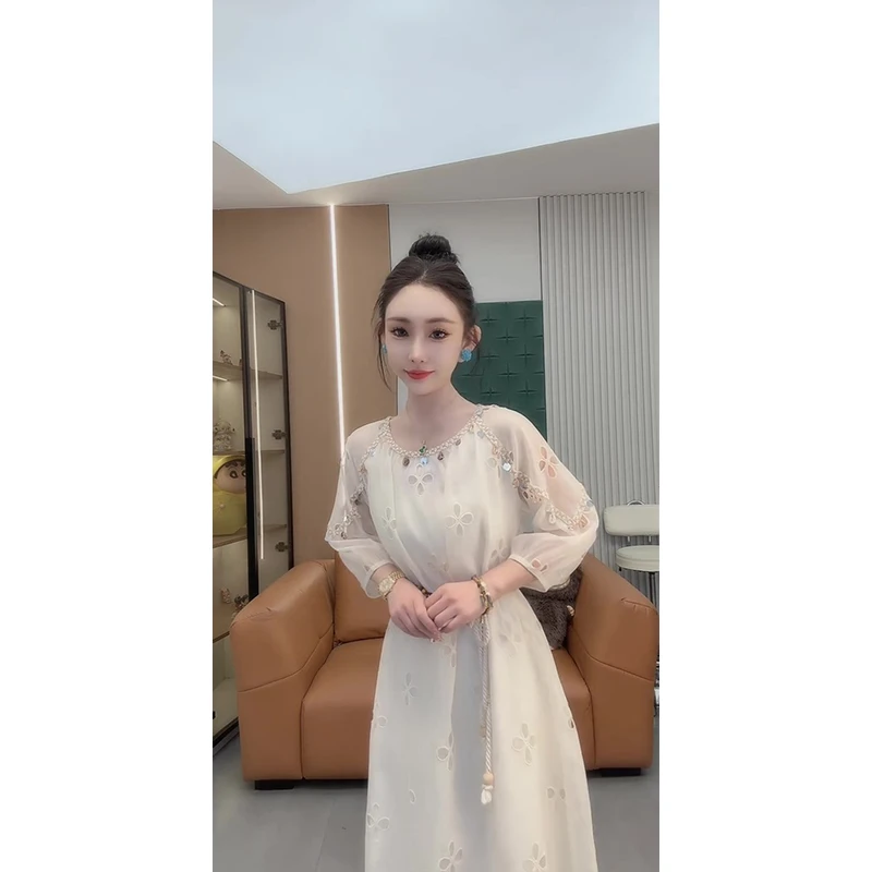 复古夏季新款轻奢中式流行度假风贝壳流苏裙子钉珠镂空长款连衣裙