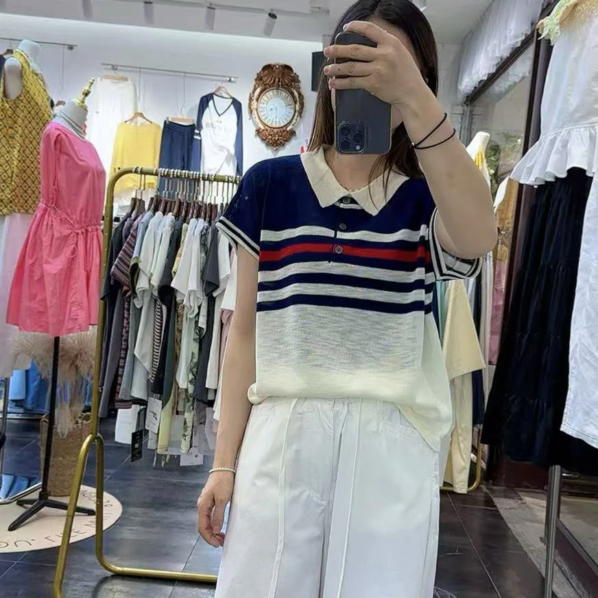 夏季新品条纹翻领短袖针织衫女时尚百搭显瘦休闲上衣拼接通勤显瘦