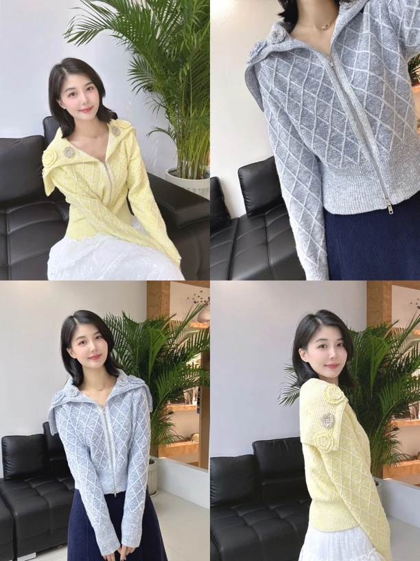 DIANA VEVINA上衣｜同款多色手工花朵拉链海军领毛衣583