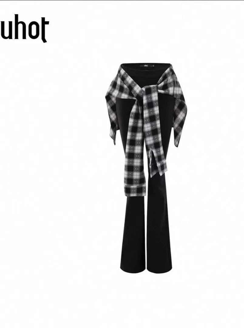 UHOT诱货  设计师品牌 25秋冬新款黑白撞色格纹屁帘叠穿微喇长裤